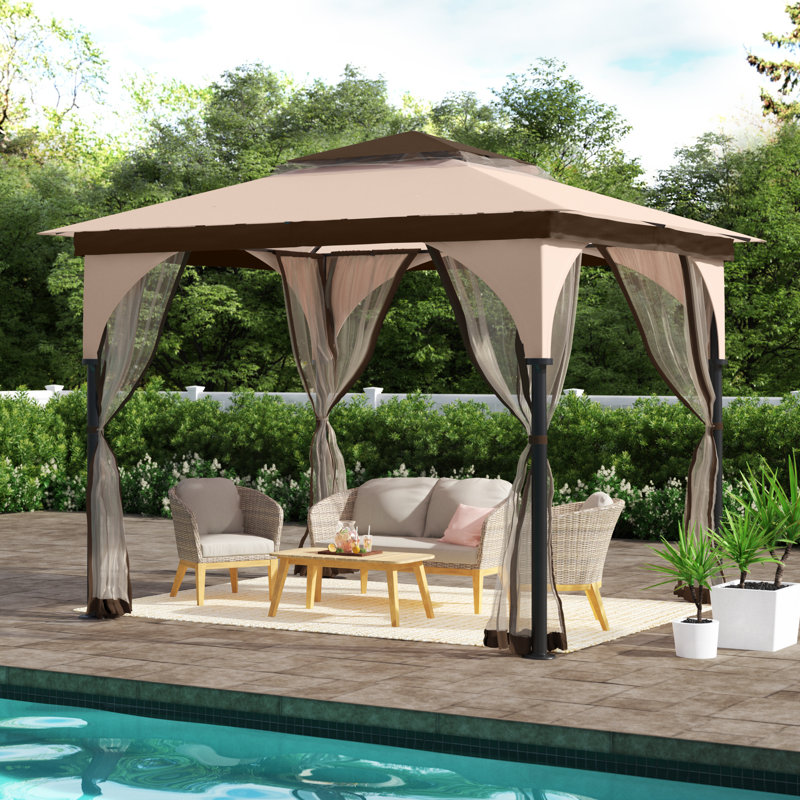 Sunjoy Outdoor Patio 9.5 x 9.5 Tan 2-Tier Steel Backyard Soft Top Gazebo with Ceiling Hook and Netting, Brown