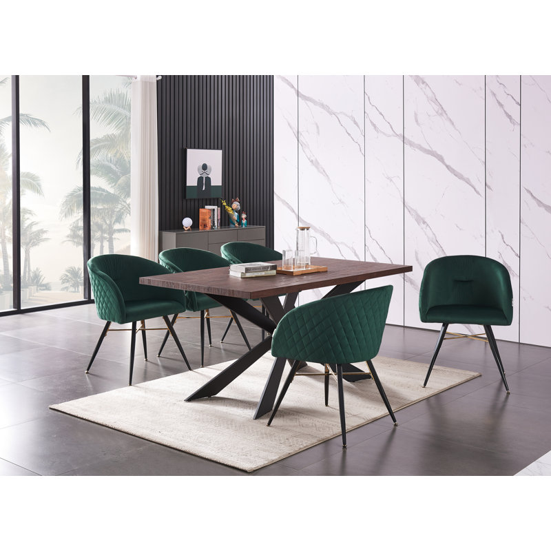 Goddard  6 Person Dining set - a Rectangular Wooden Dining Table with Metal Legs and a Set of 6 Quilted Velvet Dining Chairs for Dining Room - Modern Dining Table Set