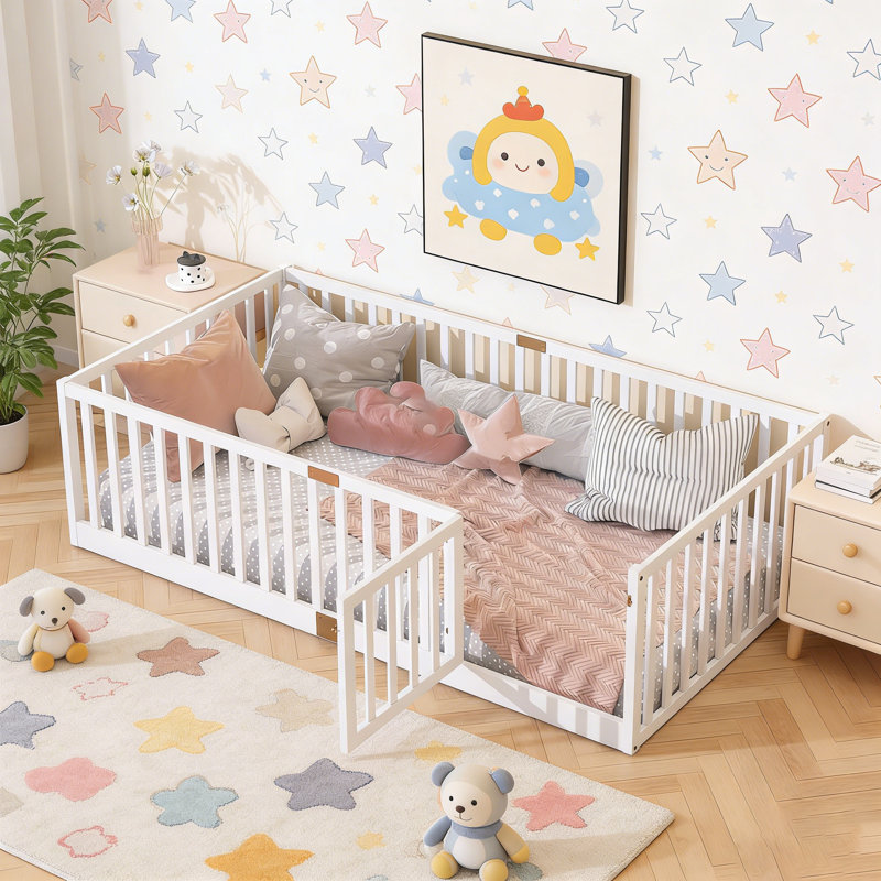 Floor Bed with High Fence Railings and Door, Rubber Wood Safety Guardrails for Compact Rooms, Twin, White, With Door