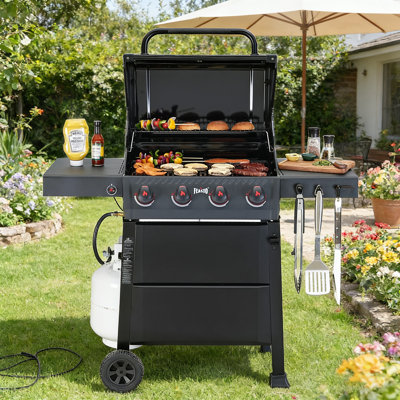 FEASTO 4-Burner Propane Gas Grill with Side Burner, Freestanding Outdoor BBQ Grill with Porcelain-Coated Grates, Warming Rack, Side Table