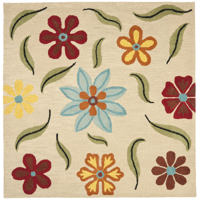 Emrick Hand Hooked Wool Floral Rug, Square 4'