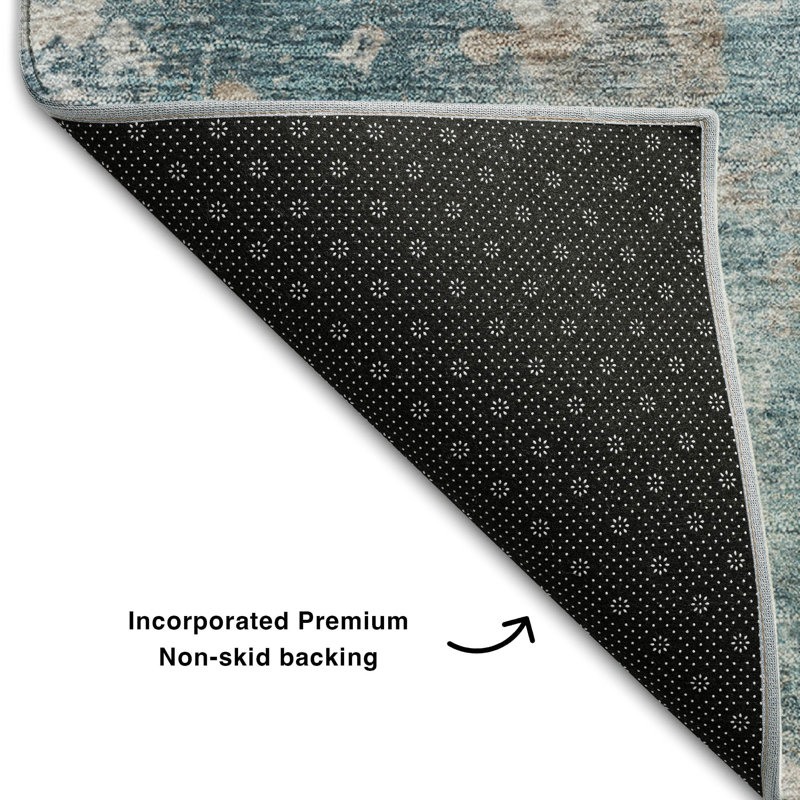 Teal and Beige Rectangular Washable Synthetic Rug, 3' x 5'