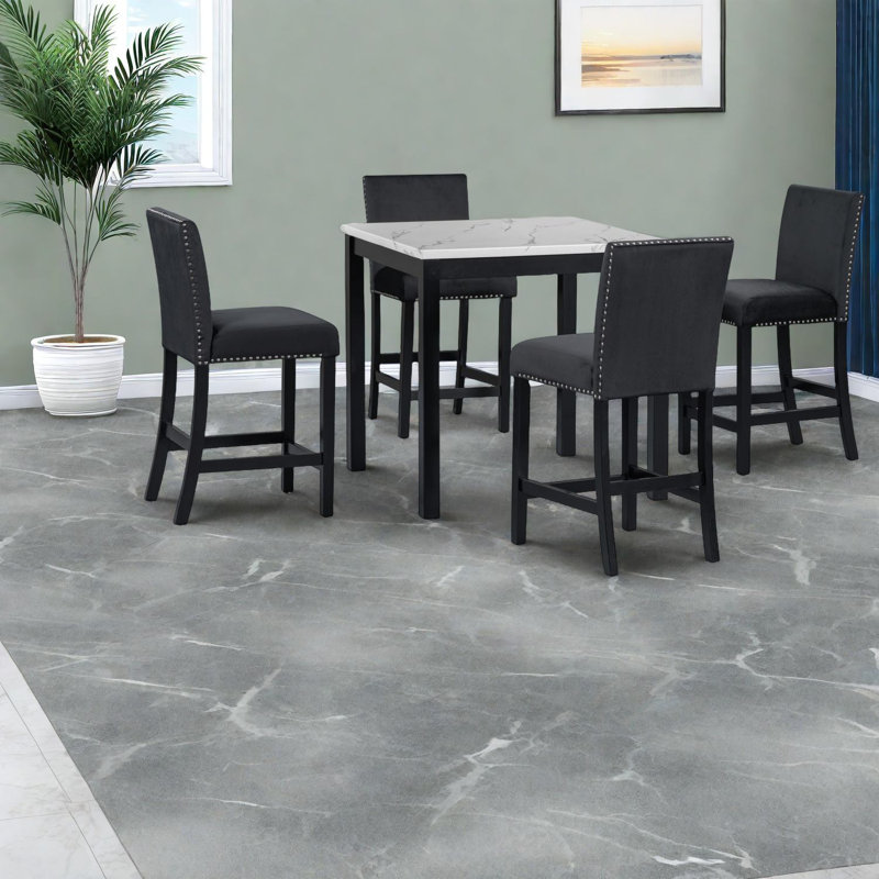 Ensemble de table de salle à manger élégant 5 pièces avec plateau en faux marbre et chaises en velours, noir