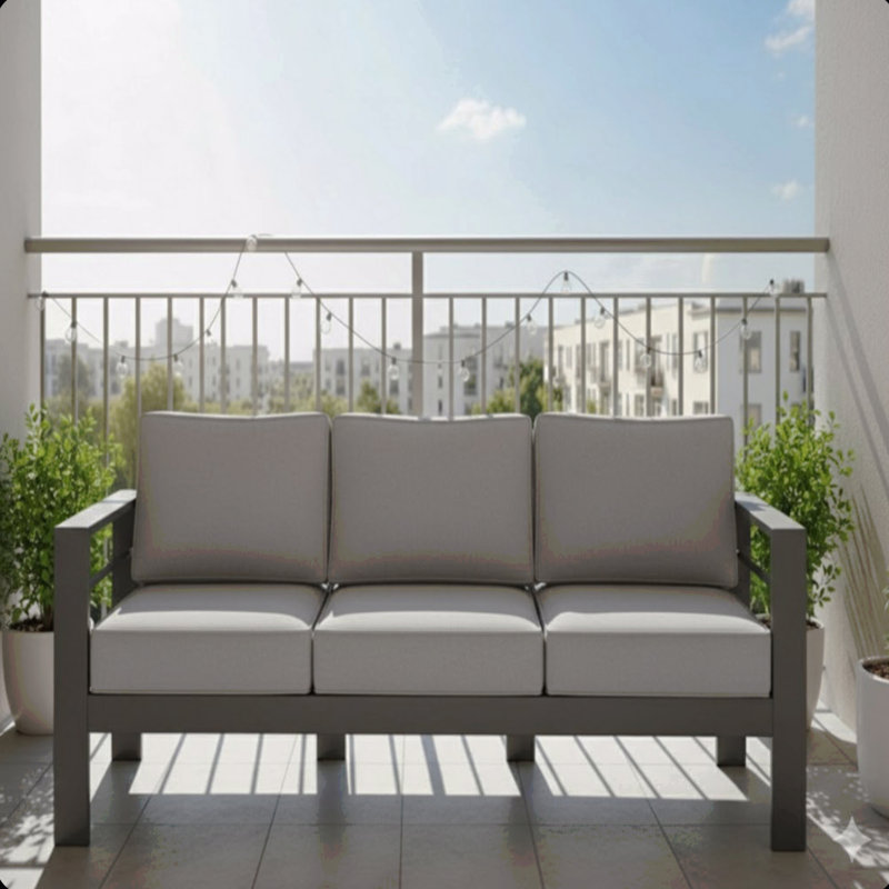 75" All-Weather Metal 3-Seat Patio Sofa Couch With Thick Gray Cushions & Gray Frame, Gray Cushion/Gray Frame