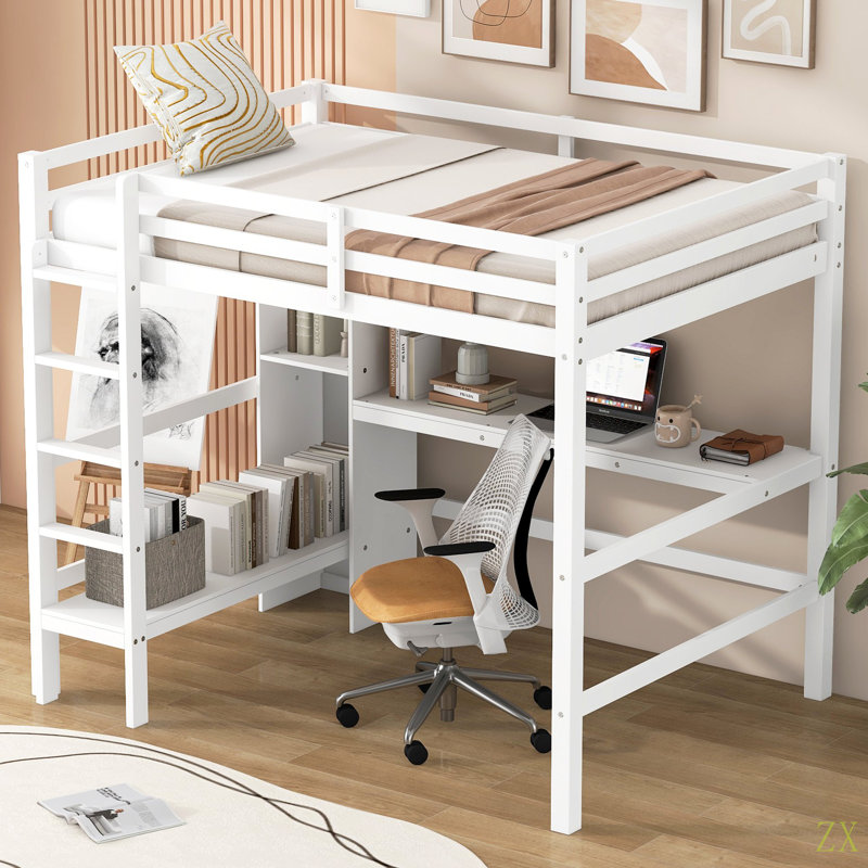 Lit mezzanine double avec tablettes multifonctionnelles et bureau sous le lit, Blanc