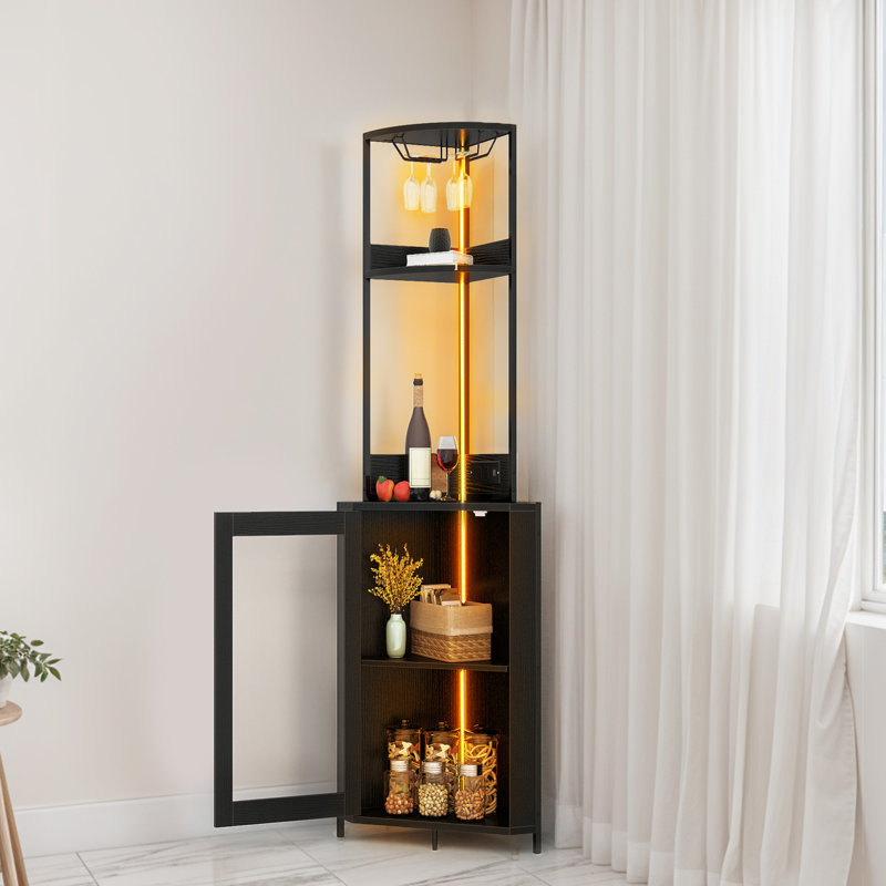 Armoire à vin de coin avec lumières DEL et prises de courant, Noir, noir, noir, noir