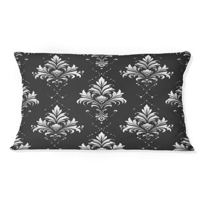 Grey White Traditional Damask Print IV - Traditional Lumbar Pillow