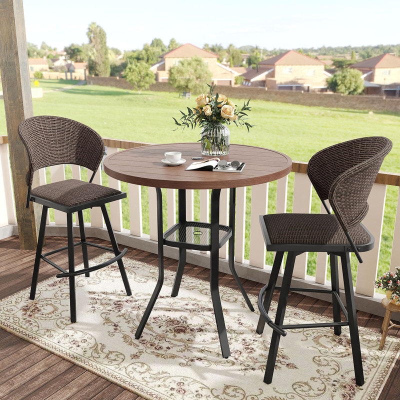 3 Pieces Outdoor Bar Set With Swivel Bar Stools, Brown/Walnut