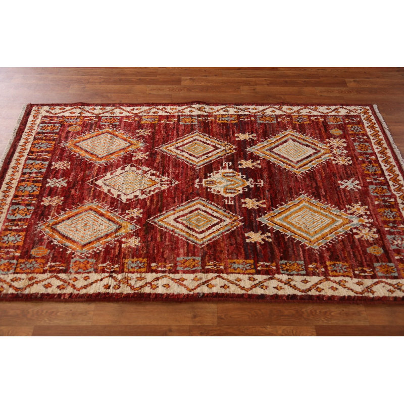 Tapis rouge marocain à motif géométrique rouge 4 x 6