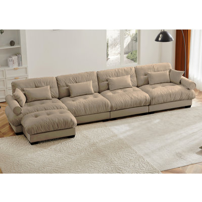 L Shaped Sectional Cloud Sofa , Convertible Deep 4 Seater Modular Couch For Living Room,Modern Velvet Comfy Upholstered Corner Couch  Waist Pillows, Throw Pillows And Blostered Armrests