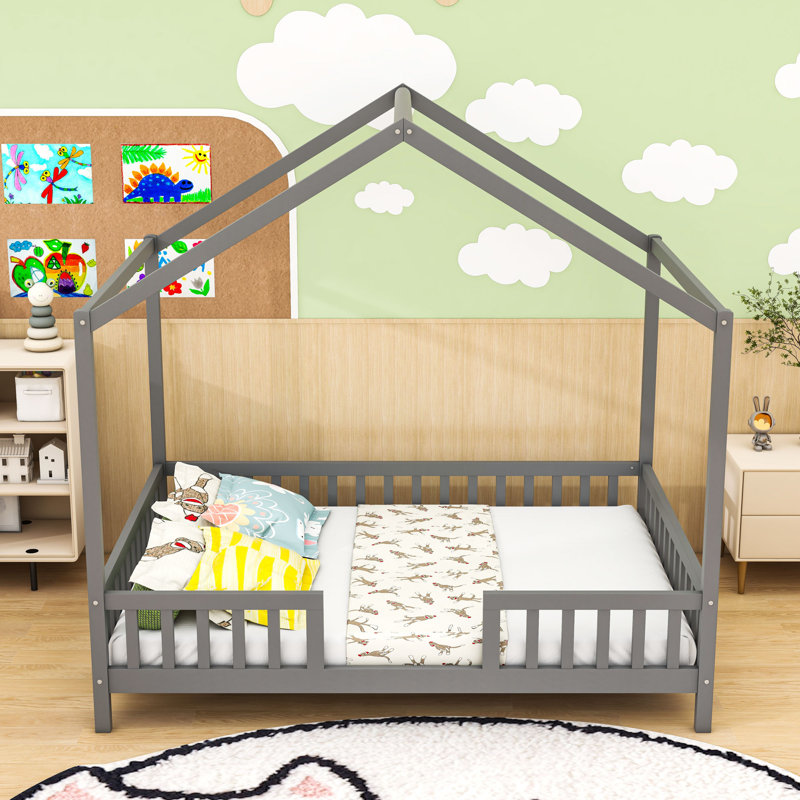 Lit de maison en bois avec auvent et barrières de sécurité, Double, Gris