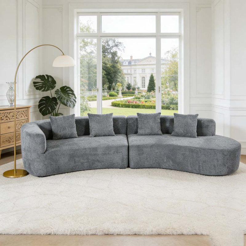Canapé modulaire de 132 po à conception incurvée de 132 po avec 2 coussins modulaires en chenille 2 pièces, Bleu très foncé