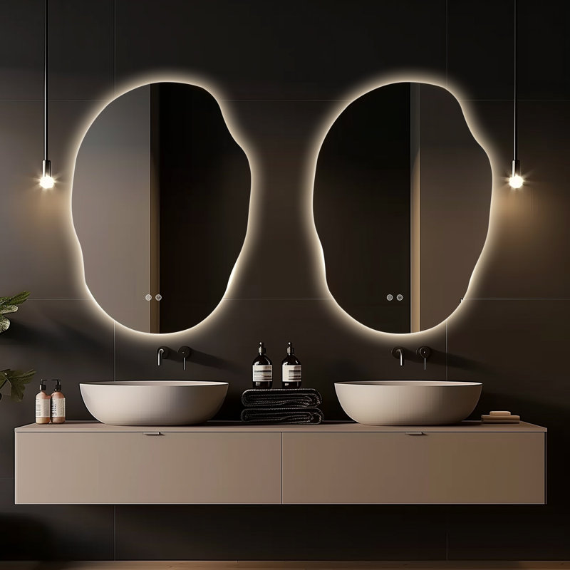 Dibbrun Frameless Lighted Bathroom Mirror Anti-Fog LED Wall Mirror, 25" x 35", Asymmetrical
