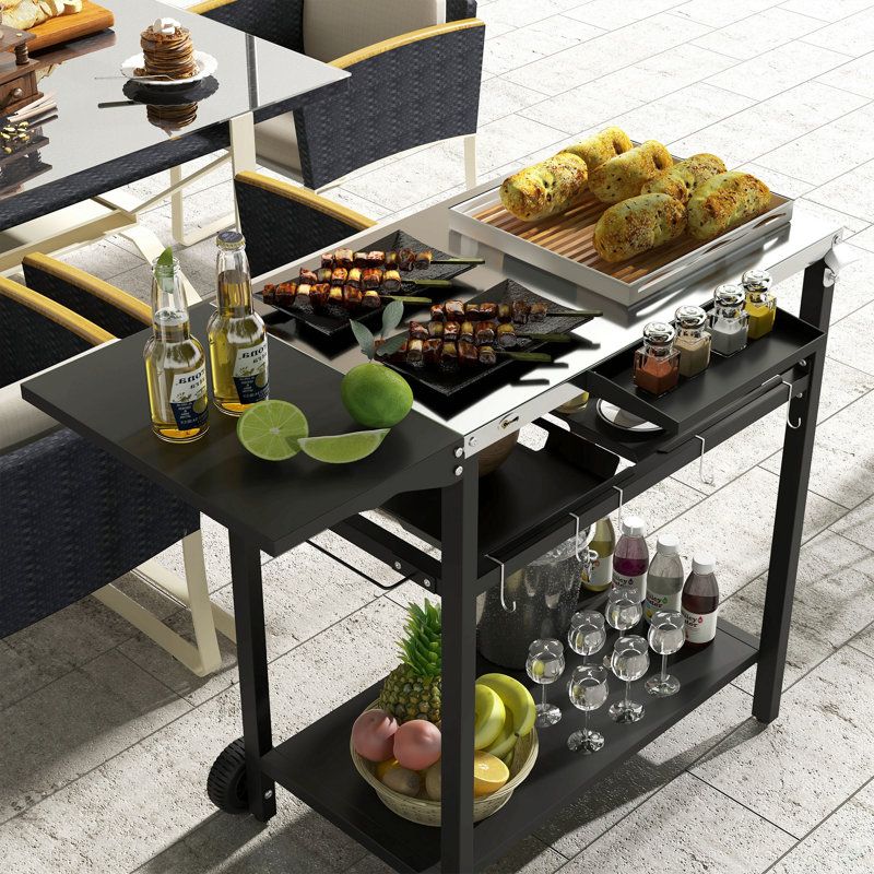 Outsunny Outdoor Bar Cart With Stainless Steel Tabletop, Kitchen Island With Wheels, 2 Tiers & Seasoning Shelf, Patio Serving Cart With Hooks, Towel & Garbage Bag Holder, Plates & Spice Jars