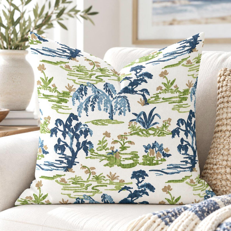 Oreiller en lin bleu et vert, Square 21"