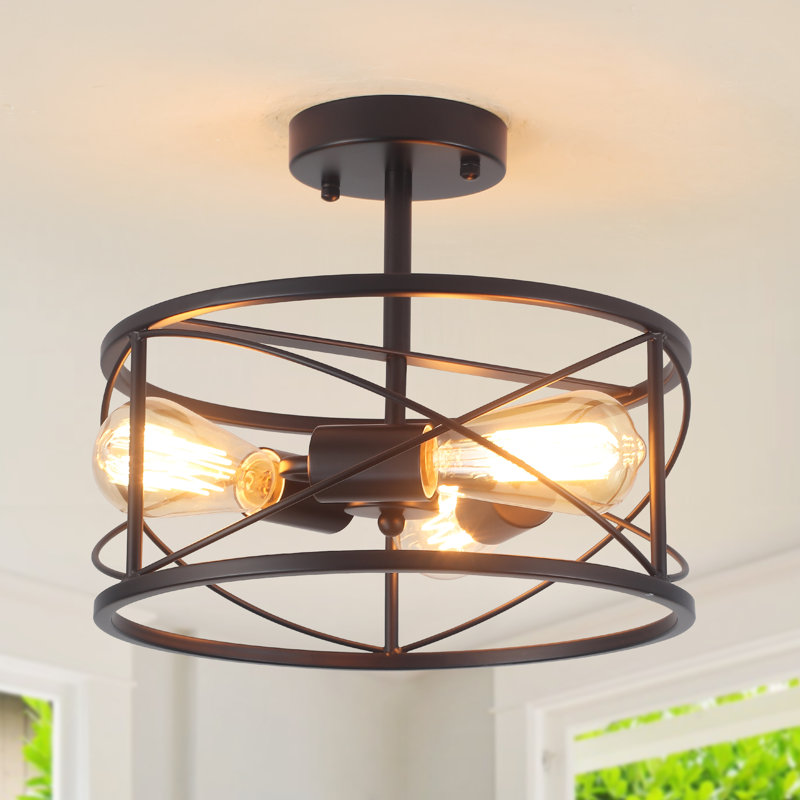 3-Light 12 inch Industrial Black Semi Flush Mount Ceiling Light Fixture with Metal Cage