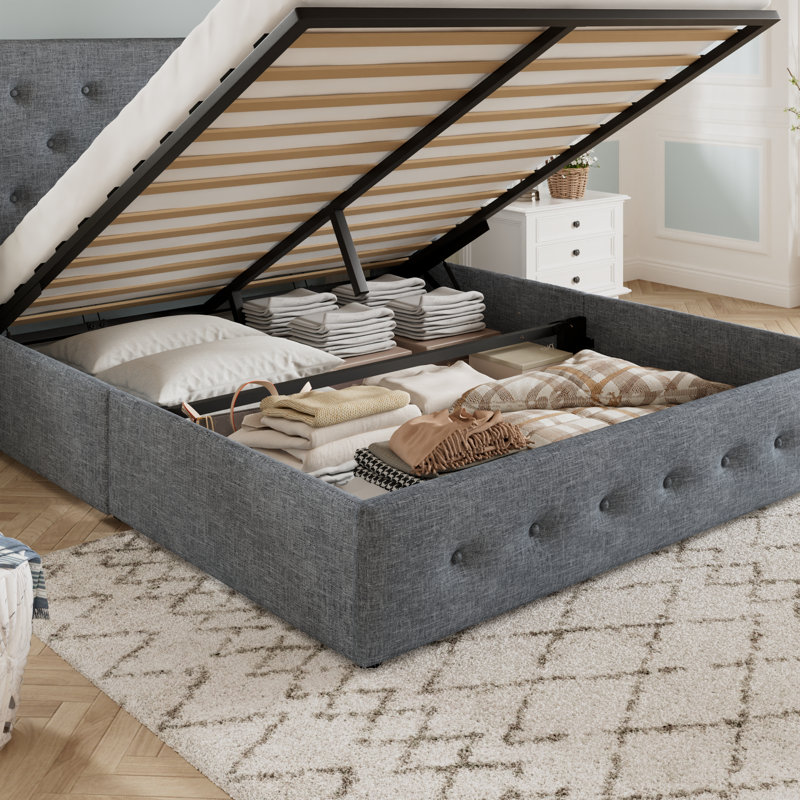 Lit plateforme tapissier avec rangement Bertile, sans sommier tapissier, espace de rangement spacieux, Bleu gris