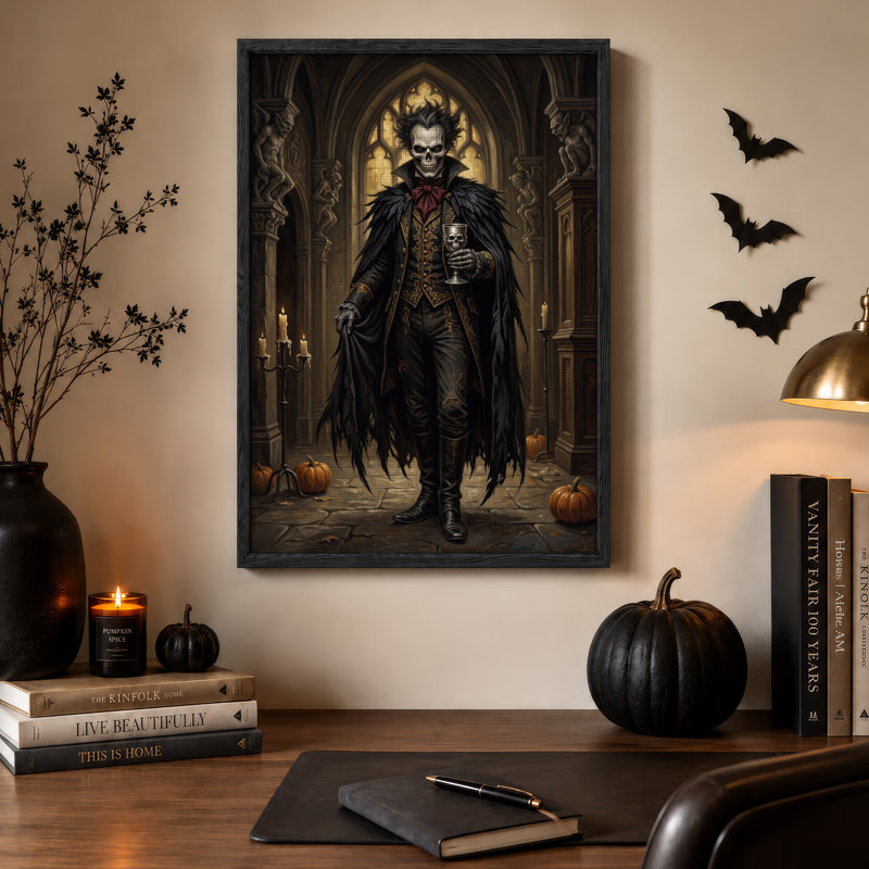 Squelette de vampire gothique avec cape à plumes noires, toile murale d'Halloween, 48"H x 32"W