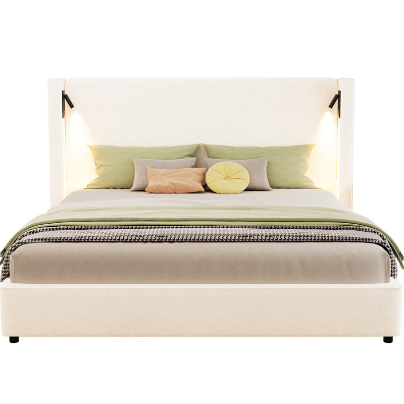 Beige King Size Upholstered Bed With High Wingback Headboard, Reading Lamp And , Comfort Foam, Wood Slats, Fast Setup For Bedroom - Sized, Beige, Frame, Wingback, Easy Assembly