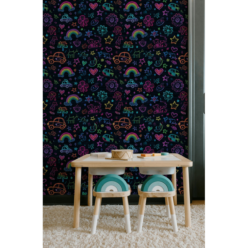 Papier peint tableau noir foncé Neon Doodles, Peler et coller