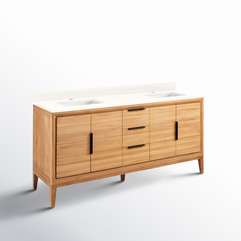 Aliso 72" Double Bathroom Vanity, Arctic White Quartz, Single-Hole Centered, Natural Teak