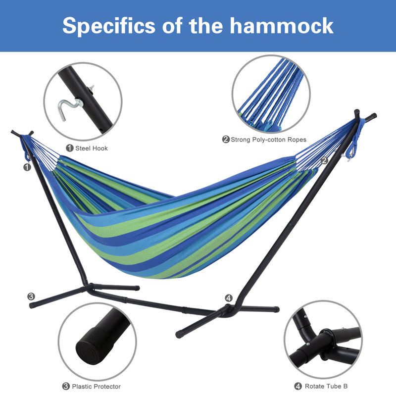 Volkrad 2 Person Classic Hammock with Stand, Blue Striped
