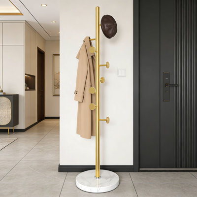 Modern Freestanding Coat Rack With Natural Marble Base, Sturdy 8-Hook Hall Tree Stand For Entryway, Office, And Home