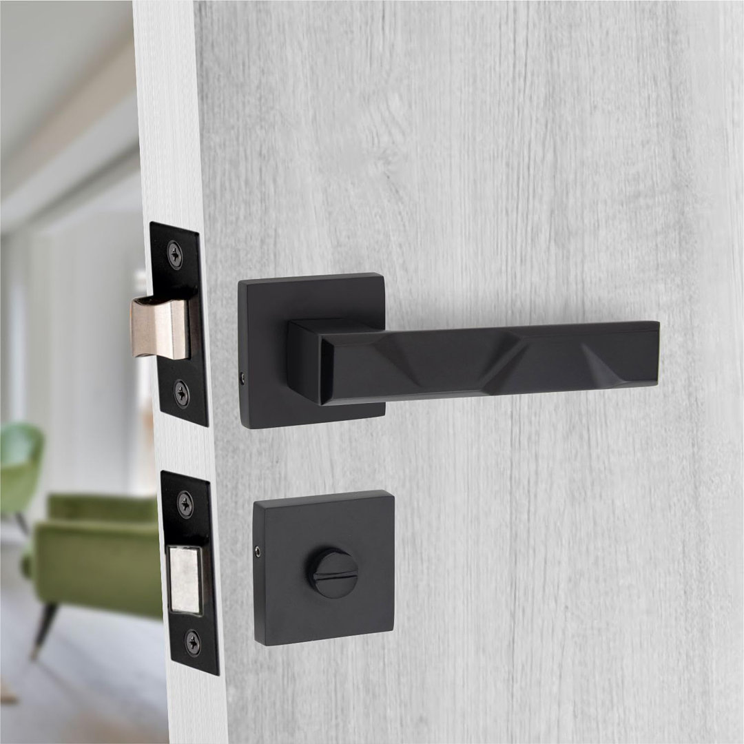 Modern Nova Premium Design Bathroom Door Handles on Square Rose in Matt Black Finish with Dead Bolt, Latch, Ball Hinges and Thumbturn