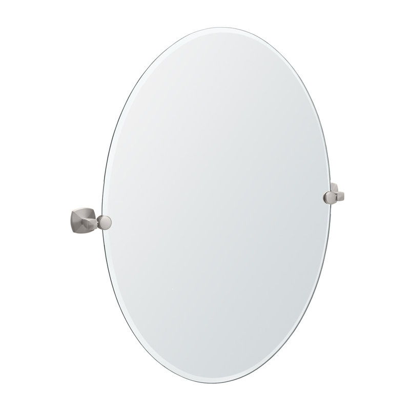Jewel Wall Mount  Frameless Oval Bathroom Vanity Mirror | Pivots and Beveled Mirror, Satin Nickel