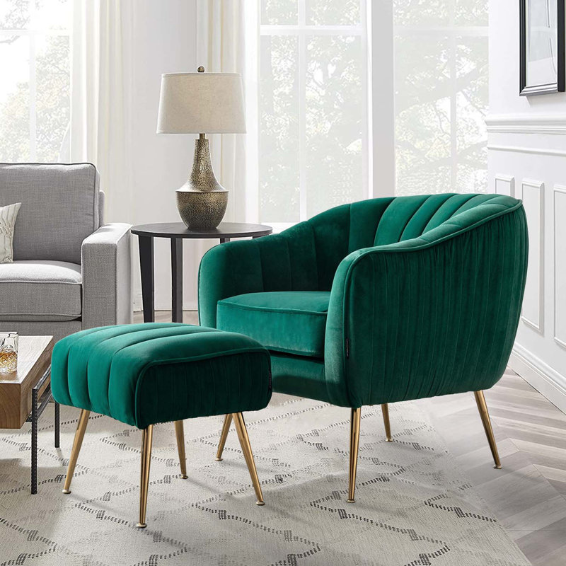 Fauteuil d'appoint avec repose-pieds, Velours vert