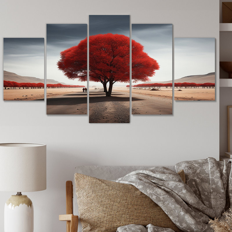 Arbre rouge et gris Solitude IV - impression murale d'art floral - 5 panneaux