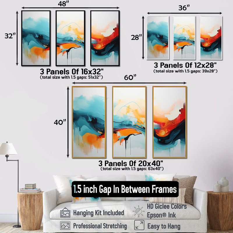 Bleu et orange, vagues abstraites colorées IV - art mural abstrait, Cadre flottant doré, H 28 po x l 36 po x P 1 po