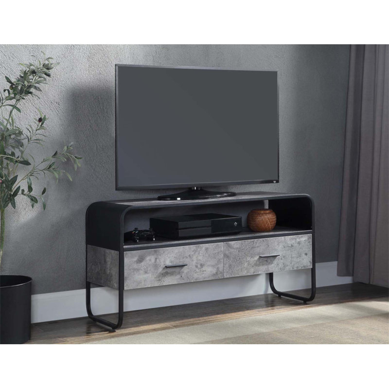 Meuble télé de style industriel avec 2 tiroirs de rangement et tablettes ouvertes de style industriel, parfait pour les salons modernes