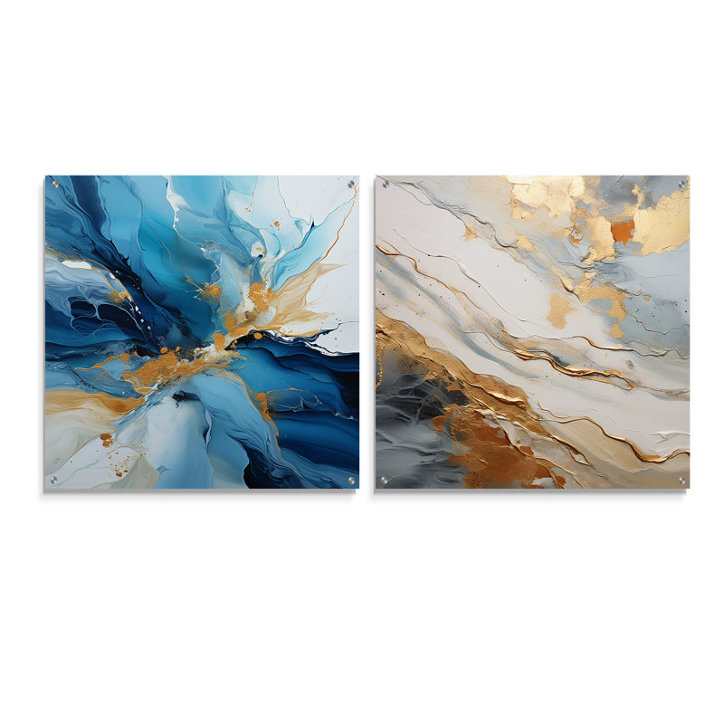 Blue And White Glacier Charm II - Abstract Shapes Acrylic Wall Art Glass Set Of 2, 36" H x 73" W