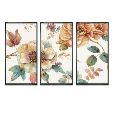 «Orange and Cream Cottage Flowers Twig», peinture sur toile 3 pièces