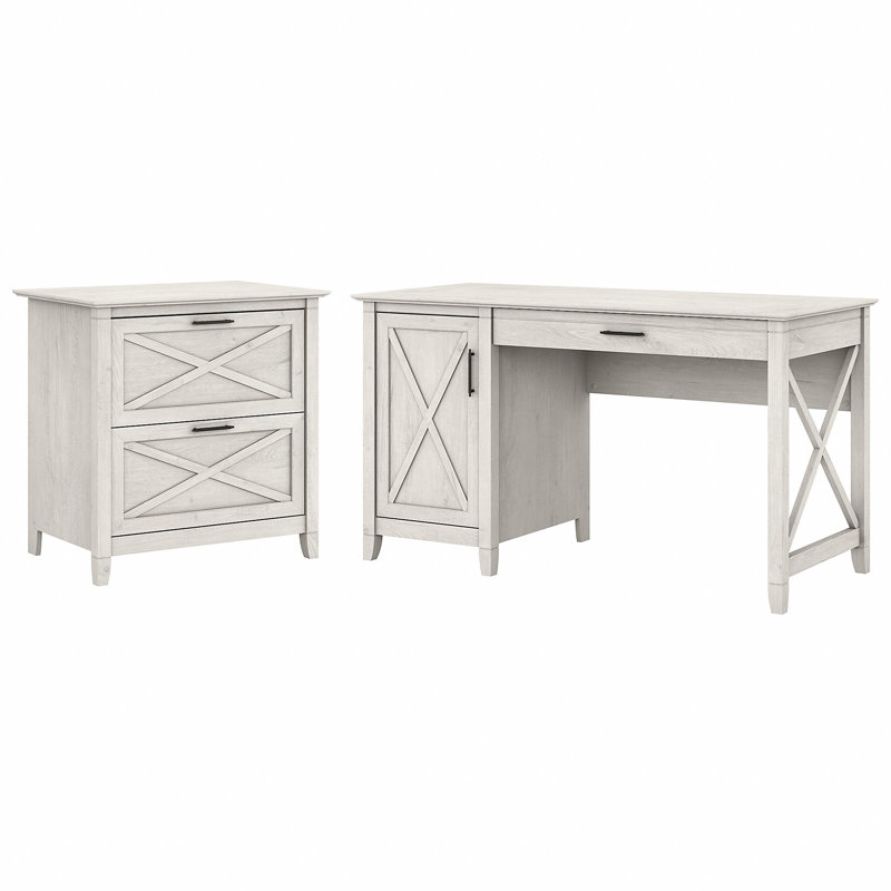 Ozro 54" W Computer Desk and 3-Drawer Lateral File Cabinet , Linen White Oak