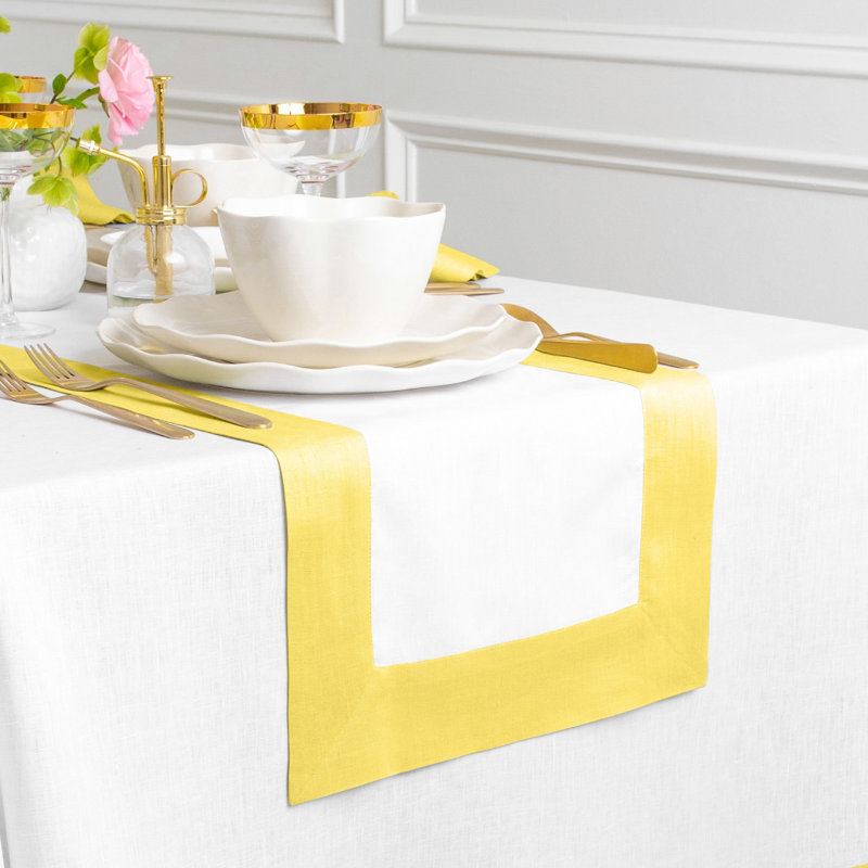 Contempo - 100% Pure Linen Table Runner, 48" x 14", Sunshine Yellow/White