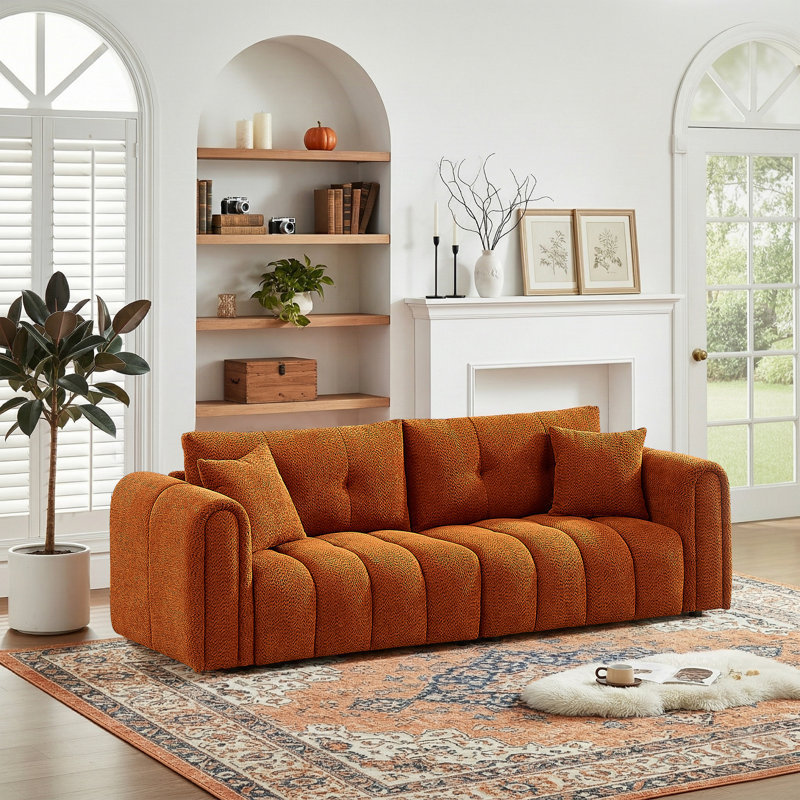 Modern Style 91.5" Tufted Chenille Upholstered Sofa with Round Arms,Oversized Comfort for Living Room, Orange