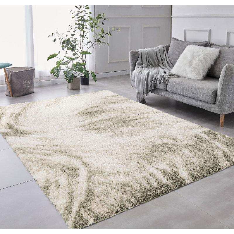 Serene Ivory & Green Abstract Shag Modern Rug, Ivory/Green, 8'10" x 11'11"