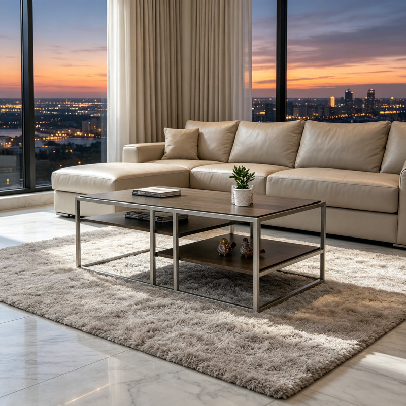 Stylish Metal Frame Wood Coffee Table With Shelves, Perfect For Modern And Contemporary Living Rooms.