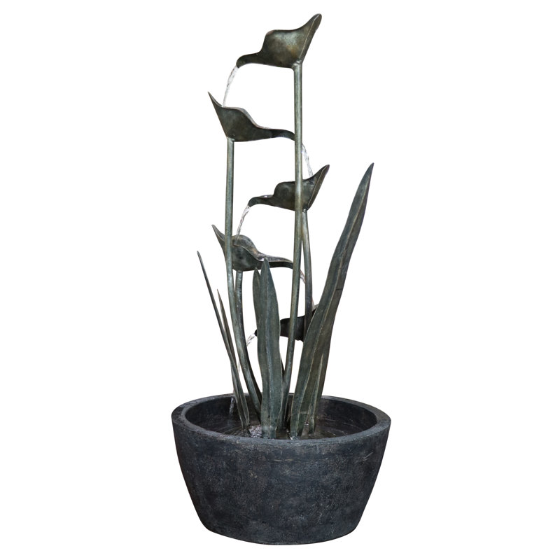 Fontaine d'extérieur en métal inoxydable à niveaux à motif de feuilles, Argent, H 35,5 po x l 15,25 po x P 15,25 po