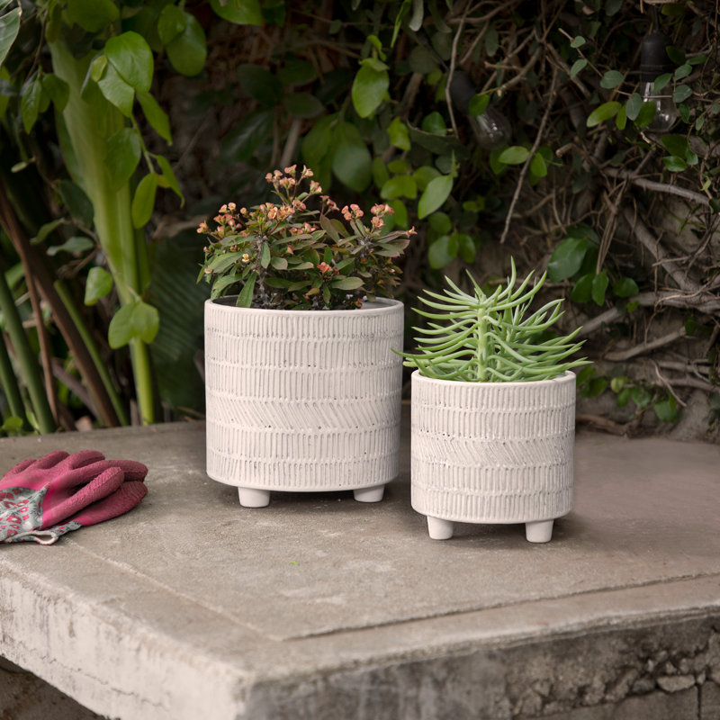 Charmayne Stoneware Ceramic Planter Set with Textured Design and Footed Base - Set of 2, Ivory