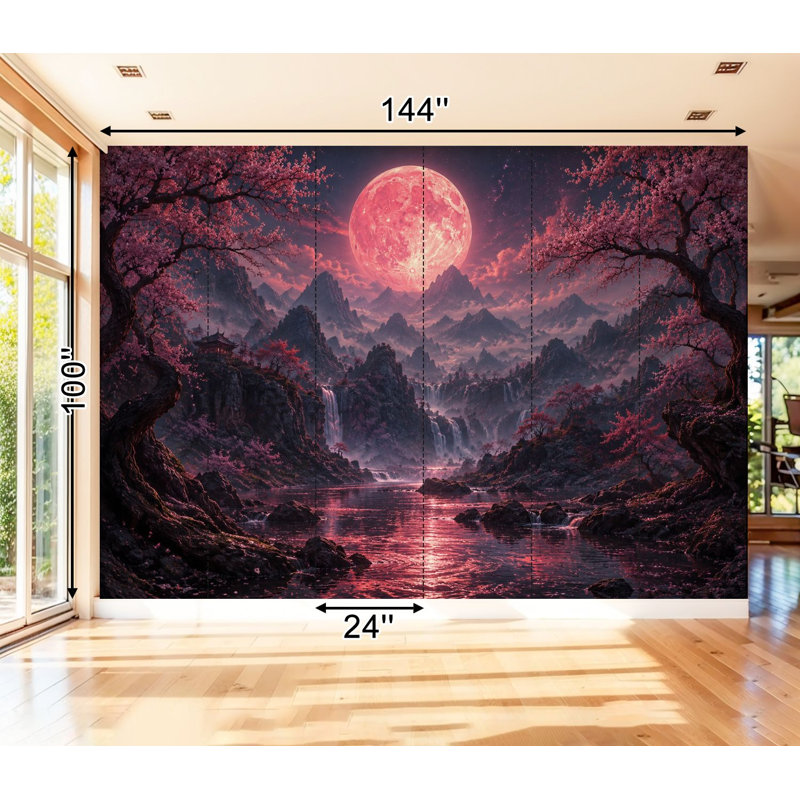 Papier peint adhésif pelez et collez, paysage enchanteur, paysage de chutes de cerisier, art mural auto-adhésif et amovible