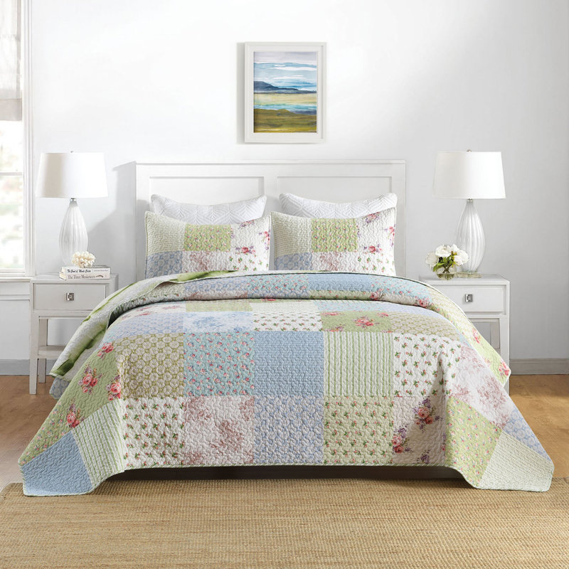 Ensemble de couvre-lit 3 pièces Patchwork, Motif floral vert, Courtepointe très grand et 2 très grandes taies 