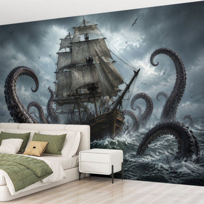 Papier peint adhésif peler et coller Bataille maritime géante Kraken Tentacles Grand voilier Orage océanique Papier autocollant amovible pour décoration de salon Chambre à coucher H 69 po x l 96 po