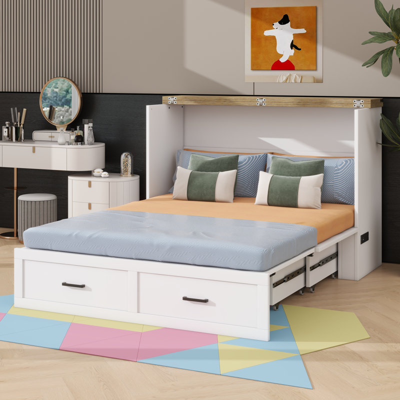 Armoire lit escamotable double avec station de charge, lit plateforme pliable multifonctionnel avec 1 grand tiroir de rangement Murphy