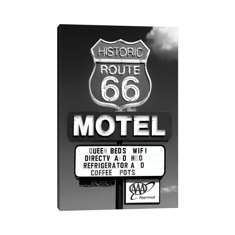 Black Arizona Series - Historic Route 66 Motel - Wrapped Canvas Print, 20.32 cm H x 30.48 cm W