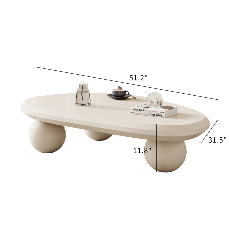 51" Oval Cream Black Brown Modern Coffee Table with Three Round Legs, White, White