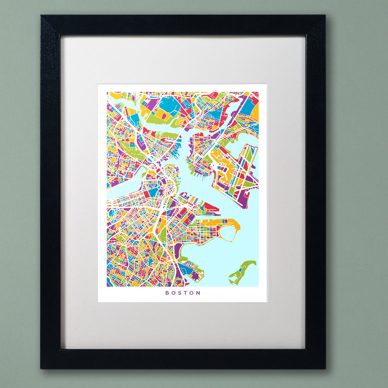 « boston ma street map 3 », impression encadrée, H 20 po x l 16 po x P 0,5 po, Toile avec cadre noir, Blanc