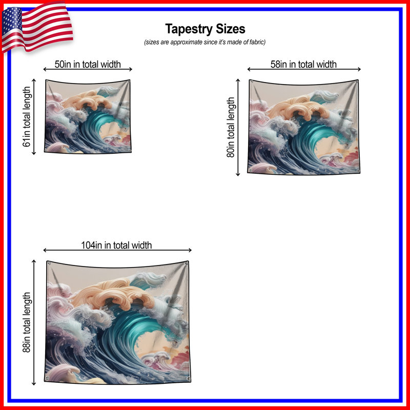 Tapisserie murale colorée «Ocean Waves», H 50 po x l 60 po avec 4 œillets